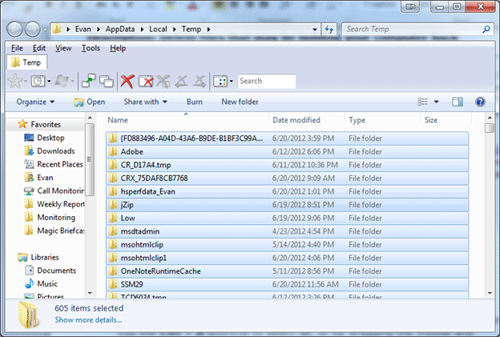 Windows Explorer, All temp files selected